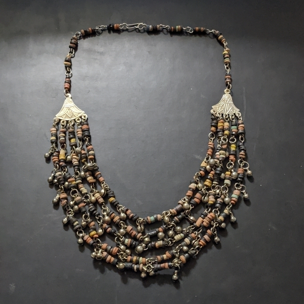Antique Silver Tone Neutral Color Layered Beaded Bell Jingle Statement Necklace